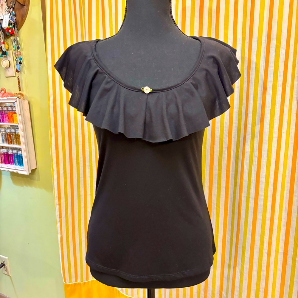 Ruffle Collar Scoop Neck Rayon/Polyester Blend Tank Top w/ Tiny Rosebud Detail 🌸